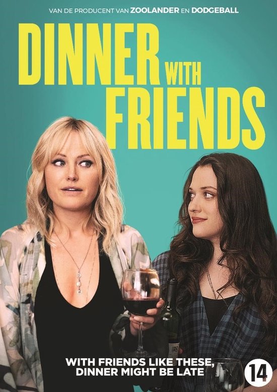 Twee vrouwen, één met blond haar en een lichtgekleurde jas, de ander met donker haar en een geruite blouse, kijken weg van elkaar. Boven de titel 'DINNER WITH FRIENDS'.