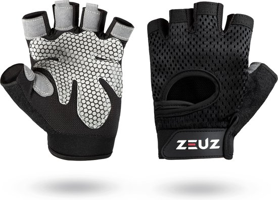 ZEUZ® Sport & Fitness Handschoenen Dames & Heren – Krachttraining Artikelen – Gym & Crossfit Training – Grijs & Zwart – Gloves voor meer grip en bescherming tegen blaren & eelt - Maat M