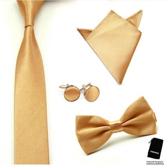 Uitgaand de ober Potentieel Luxe set stropdas inclusief vlinderstrik pochette en manchetknopen -  Champagne - Goud... | bol.com
