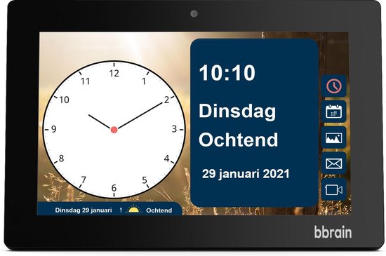 Zwarte tablet met een klok en datum/tijd weergave "10:10 Dinsdag Ochtend 29 januari 2021".