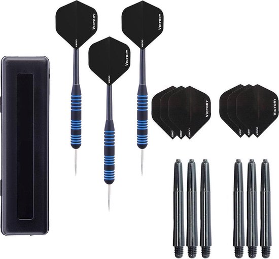 Darts Set - Victory Blue Line - 23 gram - 100% brass - dartpijlen – inclusief 3 sets (9 stuks) – dart shafts – en 3 sets (9 stuks) – dart flights