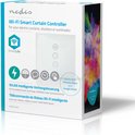 Verpakking Nedis Wi-Fi Smart Curtain Controller met afbeelding van de schakelaar, smartphone en kleurrijke verfspatten.