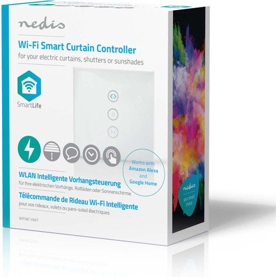 Verpakking Nedis Wi-Fi Smart Curtain Controller met afbeelding van de schakelaar, smartphone en kleurrijke verfspatten.