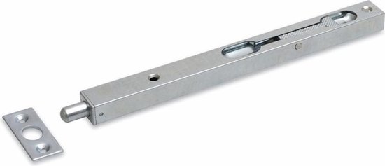 Zilverkleurige kantschuif van metaal, met pen en sluitplaat.