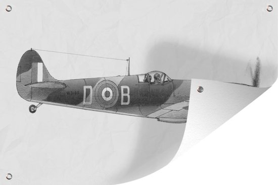 Tuinposters buiten Een illustratie van een Supermarine Spitfire - zwart wit - 90x60 cm - Tuindoek - Buitenposter
