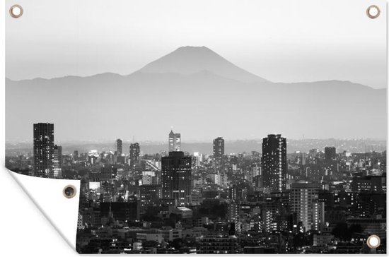 Tuindecoratie Skyline van downtown Tokyo in Japan - zwart wit - 60x40 cm - Tuinposter - Tuindoek - Buitenposter