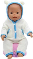 Dolldreams | Wit/blauw zachte jongens pyjama/onesie met cappuchon met oortjes - poppenkleertjes voor pop 40-45 cm - geschikt voor baby born