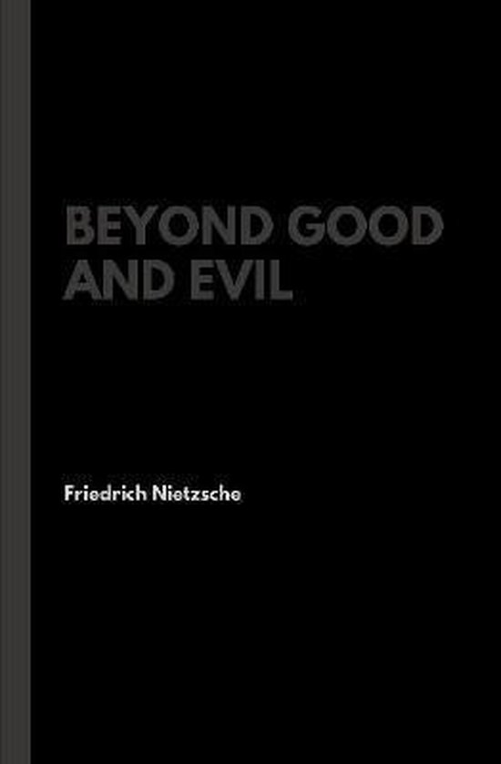 Couverture de livre avec le titre 'Beyond Good and Evil' en grand et 'Friedrich Nietzsche' en petit, sur fond noir.