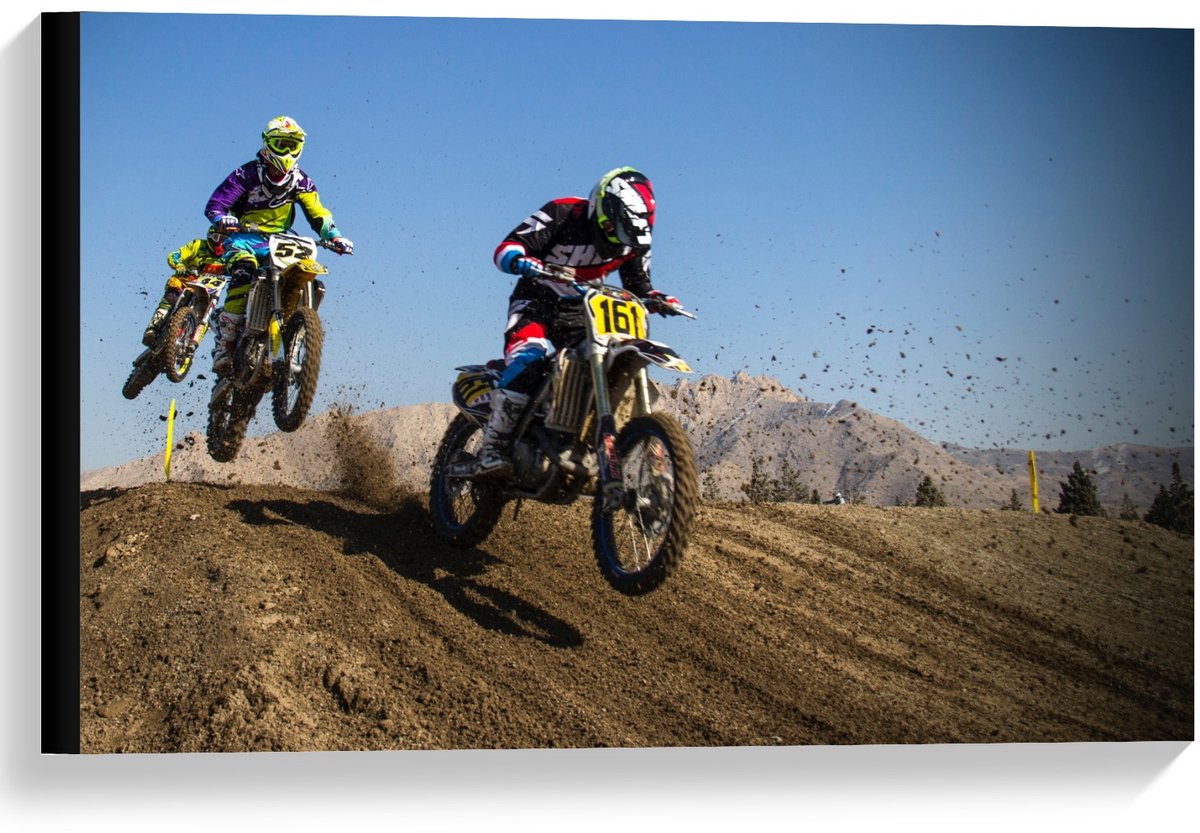 KuijsFotoprint Canvas - Twee Motorcrosses op Heuvel - 60x40cm Foto op Canvas Schilderij (Wanddecoratie op Canvas) Rood
