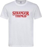 Wit T shirt met Rood Stranger Things tekst maat L