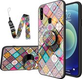 Voor Samsung Galaxy A20s Geschilderd Etnisch Patroon Gehard Glas TPU Schokbestendig Hoesje met Opvouwbare Magnetische Houder & Nekband (Geruit)