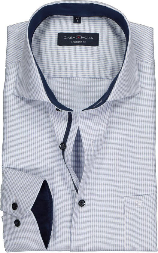 CASA MODA comfort fit overhemd - blauw met wit mini dessin structuur (contrast) - Strijkvrij - Boordmaat: 42