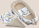 Babynest Eliz Baby Dubbelzijdig 4-delig Beige Waffle Colored Feathers Babynestje Kraamcadeau