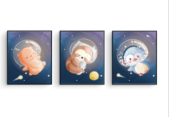 Poster Set 3 Beer Luiaard Pinguin Ruimte / Space Dieren - Kinderkamer - Dierenposter - Babykamer / Kinderposter - Babyshower Cadeau - Muurdecoratie - 30x21cm A4 - Postercity