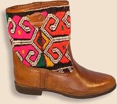 Bravas Boutique Kelim Boots ZANETA Laag - Laarzen - 100% Echt Leder - Handgemaakt - Cognacbruin met gekleurde kelim - EU 42