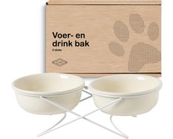 GIZMO Voerbak Kat Dubbel - Wit - 2 Keramische Drink- & Voerbakken met Standaard - Drinkbak - 12.5 cm- 300ML