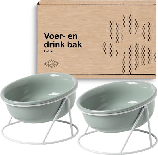 GIZMO 2x Voerbak Kat (Klein) - 300ML - Lichtgroen - Keramische Drink- & Voerbakken met Standaard - 12.5 cm - 2 stuks