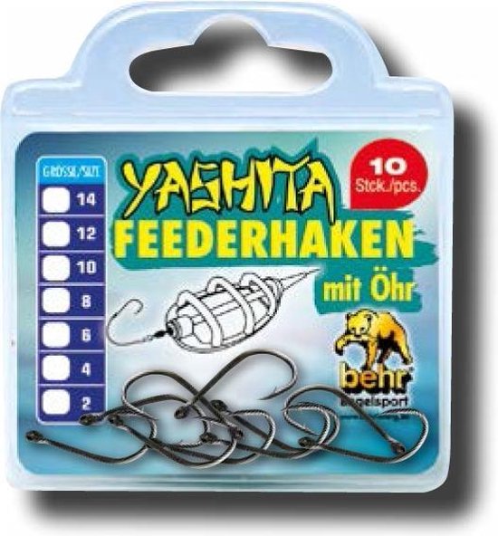 Emballage de 10 hameçons Yashita Feeder, taille 14, avec œillet et cage d'alimentation. Logo Behr visport.