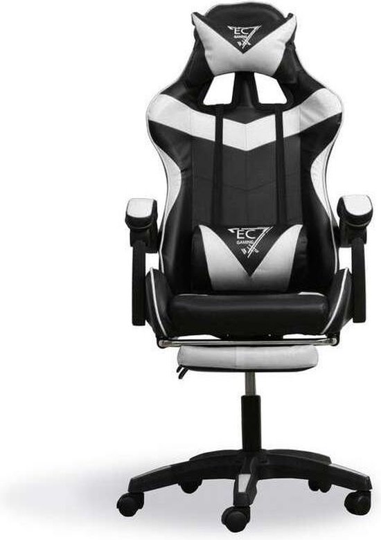Game Stoel Racing - Gaming Chair - Gamestoel - Met voetsteun - Zwart - Wit  - 2 Extra Kussens - Kazaxl