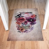Vloerkleed laagpolig Studio M HOME - Tapijt woonkamer - Tapijt slaapkamer - Vloerkleed vintage skull - 90 x 150 cm - Doodshoofd met bloemen - Beige