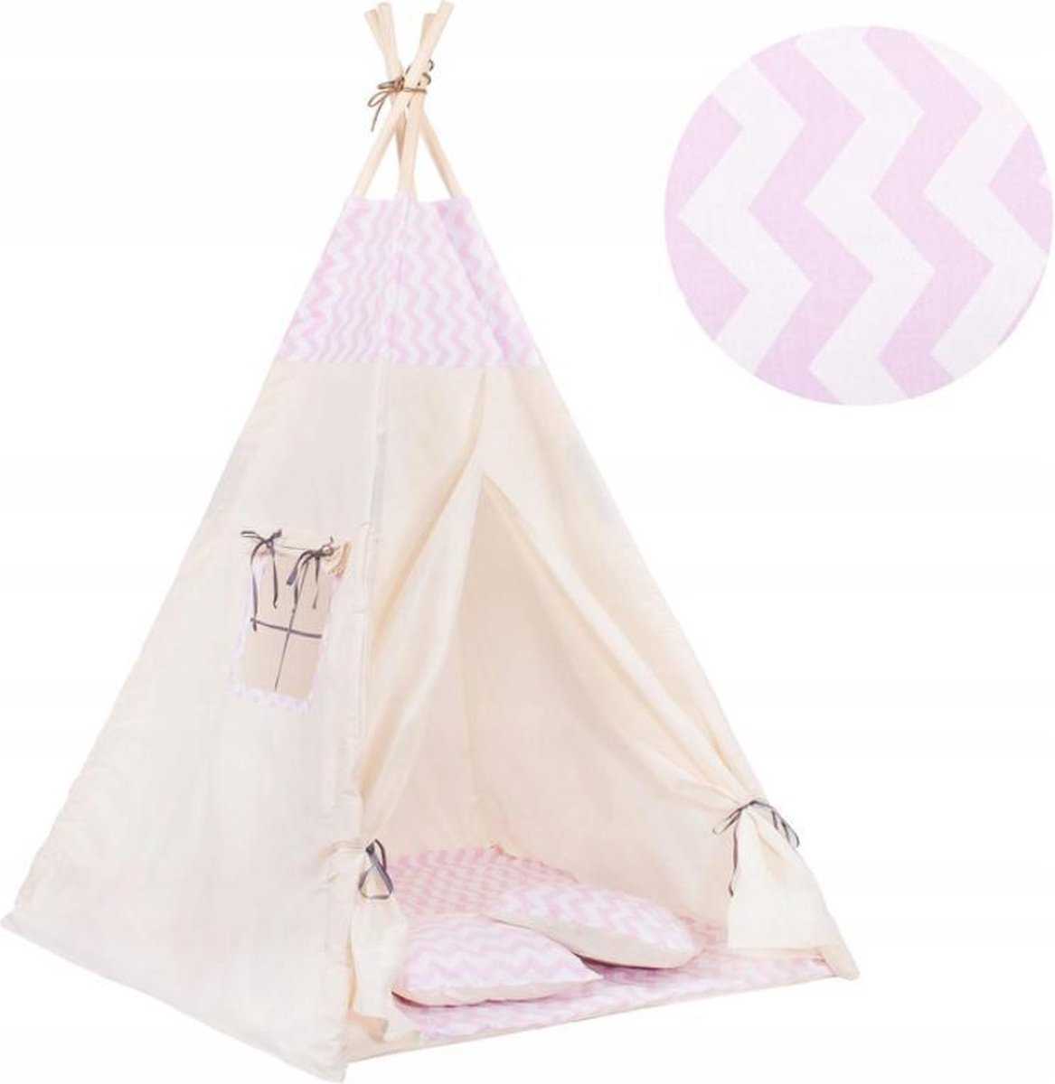 Tipi Tent | Wigwam Speeltent | 120x100x180 cm | Met Mat en Kussens | Naturel Roze | Visgraat
