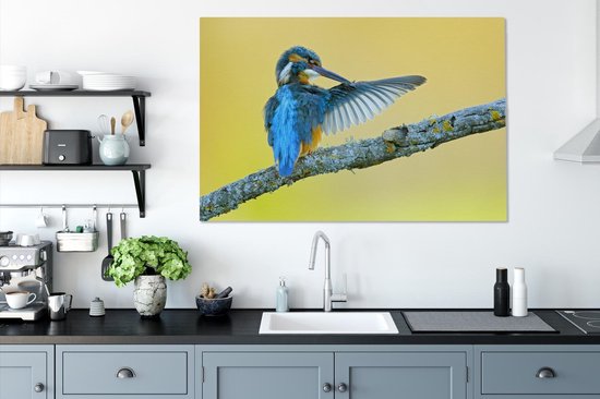 Canvas schilderij 140x90 cm - Wanddecoratie IJsvogel - Tak - Blauw - Muurdecoratie woonkamer - Slaapkamer decoratie - Kamer accessoires - Schilderijen