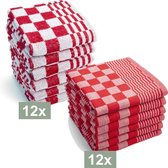 I2T Keukenset Geblokt - 12x Keukendoek + 12x Theedoek - Wit / Rood