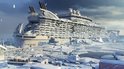 Verlaten cruiseschip bedekt met sneeuw en ijs in een bevroren haven, met wrakstukken op de voorgrond.