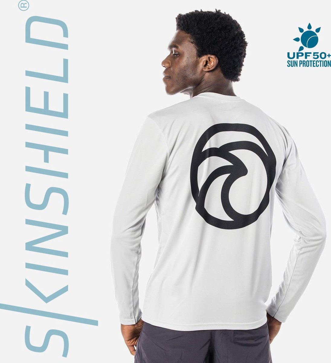 Skinshield - BIG WAVE - UPF 50+ UV-zonbeschermend sport shirt heren - lange mouwen - White - Wit - Black print - XXXL