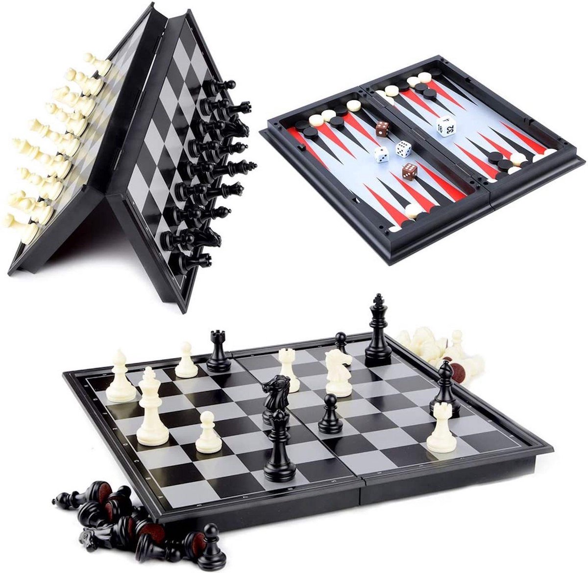 Schaakbord | Dambord | Backgammon | Schaakspel | Schaakset | Schaken | Dammen | Met Schaakstukken | 3-in-1 Bordspel | Chess | Plastic | Opklapbaar | Magnetisch | 32 x 32 cm