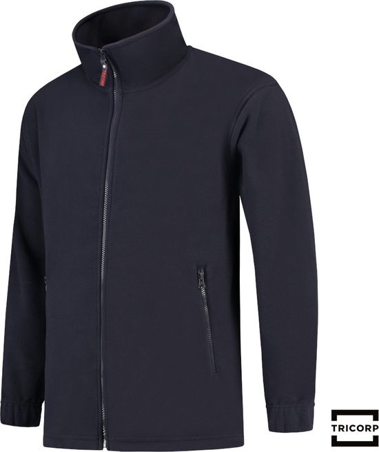 Donkerblauwe Tricorp fleecejas met opstaande kraag en ritssluiting. Linker zijaanzicht met logo.