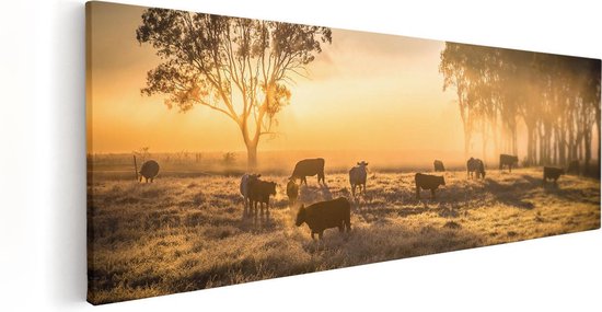 Artaza Canvas Schilderij Kudde Koeien In De Wei Met Zonsopkomst - 120x40 - Groot - Foto Op Canvas - Canvas Print