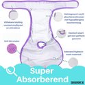 Binnenzijde loopsheidbroekje: super absorberend, klittenbandsluiting, anti-lek randen, elastisch staartgat, ademend materiaal.