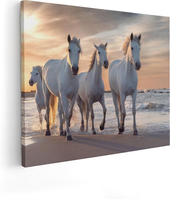 Artaza Canvas Schilderij Witte Paarden Op Het Strand Bij Water - 100x80 - Groot - Foto Op Canvas - Canvas Print