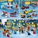 Collage van LEGO City winterse tafereel, diverse kleine voertuigen, gebouwen en minifiguren.