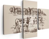 Artaza Canvas Schilderij Drieluik Getekende Koeien Op Een Boerderij - Abstract - 90x60 - Foto Op Canvas - Canvas Print