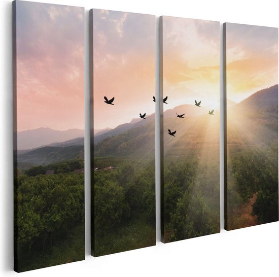 Artaza Canvas Schilderij Vierluik Silhouet Zwerm Vogels Bij Zonsondergang - 80x60 - Foto Op Canvas - Canvas Print