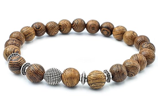 Bracelet en perles de bois marron et perles argentées - 18 cm
