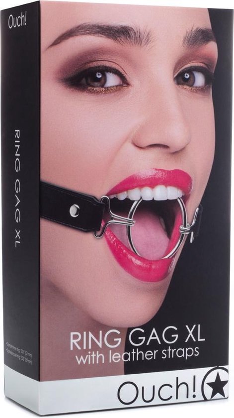 Doos met de tekst 'Ouch! RING GAG XL with leather straps' en een afbeelding van een vrouw met een gag.