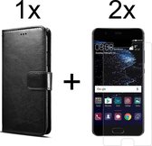 Huawei P10 hoesje bookcase met pasjeshouder zwart wallet portemonnee book case cover - 2x Huawei P10 screenprotector