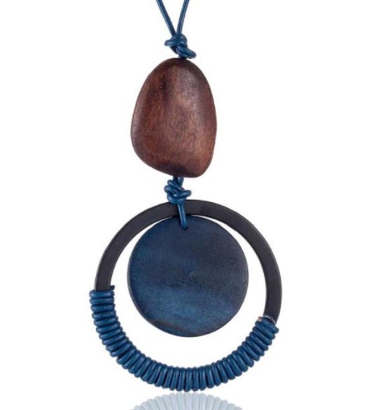 ketting -Irin-rond-metaal -hout -blauw-90 cm-zwart knoopkoord-allergievrij-Charme Bijoux