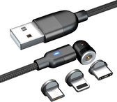 Nuvance - 3 in 1 Magnetische Oplaadkabel - 1 Meter - Apple Lightning - USB-C - Micro USB-C - Zwart