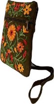 Crossbody tas donkerbruin suède leer | damestas met meerkleurig bloemen design