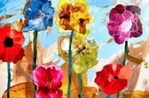 JJ-Art (Canvas) |  Wilde bloemen, klaprozen, abstract in geschilderde stijl - woonkamer | Bloemen, planten, modern, blauw, geel, bruin, rood, paars | Foto-Schilderij print op Canvas (canvas w