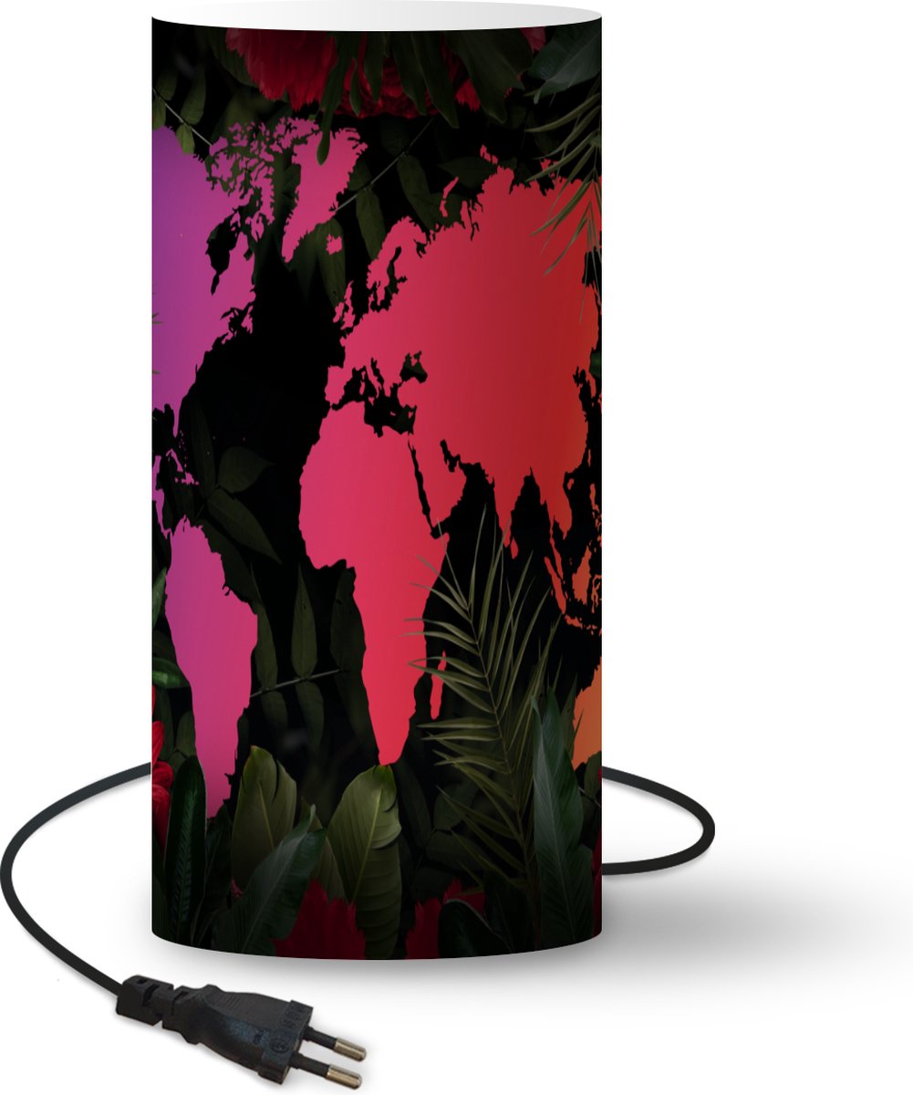Lamp - Nachtlampje - Tafellamp slaapkamer - Wereldkaart - Kleuren - Jungle - 54 cm hoog - Ø24.8 cm - Inclusief LED lamp
