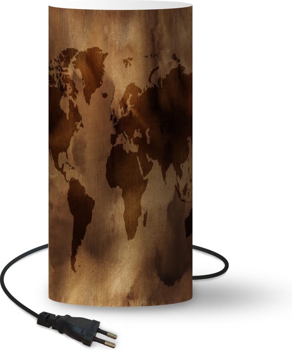 Lamp - Nachtlampje - Tafellamp slaapkamer - Wereldkaart - Bruin - Patronen - 33 cm hoog - Ø15.9 cm - Inclusief LED lamp