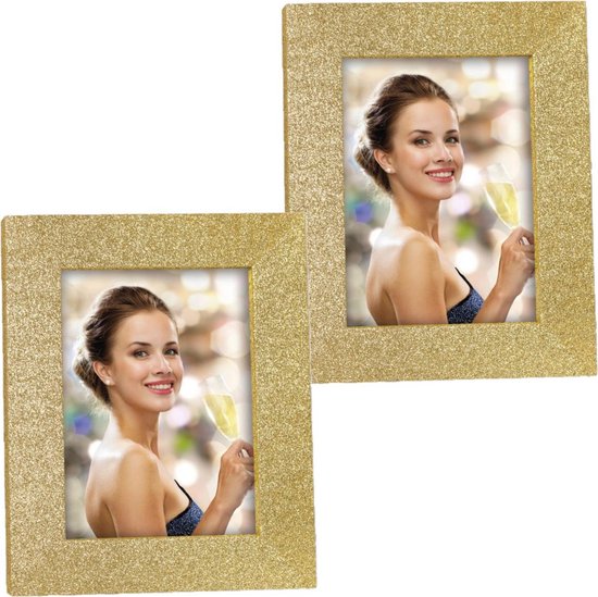 2x stuks houten fotolijstje goud met glitters 21 x 25 cm geschikt voor een foto van 15 x 20 cm
