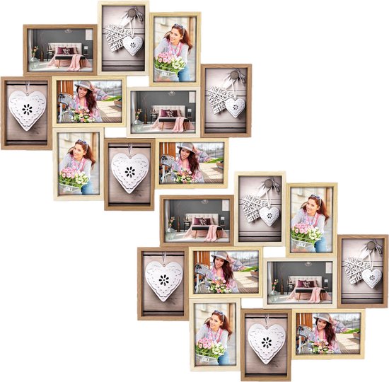 2x stuks multi fotolijst met houten frame met 10 lijstjes geschikt voor een foto van 10 x 15 cm