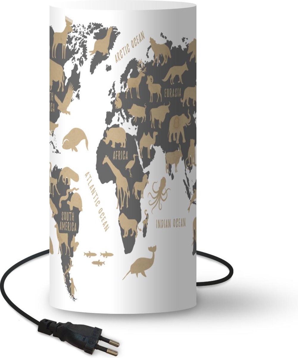 Lamp - Nachtlampje - Tafellamp slaapkamer - Wereldkaart - Grijs - Dieren - 54 cm hoog - Ø24.8 cm - Inclusief LED lamp