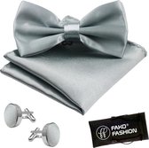 Fako Fashion® - Vlinderstrik, Pochette & Manchetknopen - Vlinderdas - Strikje - Pochet - Satijn - Zilver